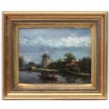 JF de Jong Dutch XIX-XX, Oil on panel, Canal scene with windmill , figures in a boat etc.