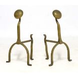 Arts and Crafts :A pair of bronze fire dogs with half Spherical angled ends.