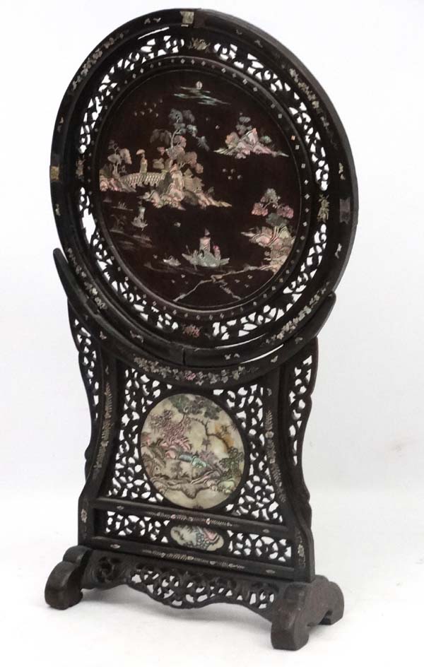 Chinese : an unusual mother of pearl and abalone inlaid Rosewood ? Firescreen with removable - Image 3 of 8