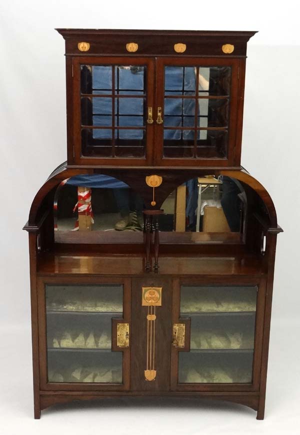 Art Nouveau : An inlaid mahogany cabinet with copper tulip wood and blonde wood inlay etc. - Image 7 of 13