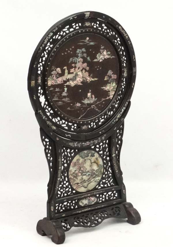 Chinese : an unusual mother of pearl and abalone inlaid Rosewood ? Firescreen with removable - Image 2 of 8