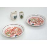 A pair of Hillditch porcelain saucers together with 2 items of crested ware for ' Falmouth' and