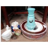 A quantity of assorted ceramics etc to include a part set of Greys pottery plates, blue glass vase,