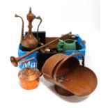 Box of assorted metalware, ceramics etc to include copper coal scuttle, coaching horn,