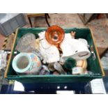 Box of assorted ceramics and glass to include pair of Beswick spaniels, Wade jug, paperweights,