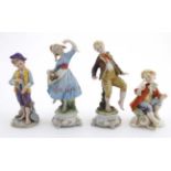 A collection of four Capodimonte figures to include : A figure of a seated boy with dove by