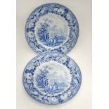 2 19thC blue and white transfer printed plates from the Rural Scenery Series by Bathwell and