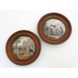 Two Prattware pot lids the 'Village Wedding' and The Skewbald Horse approx 4" wide.