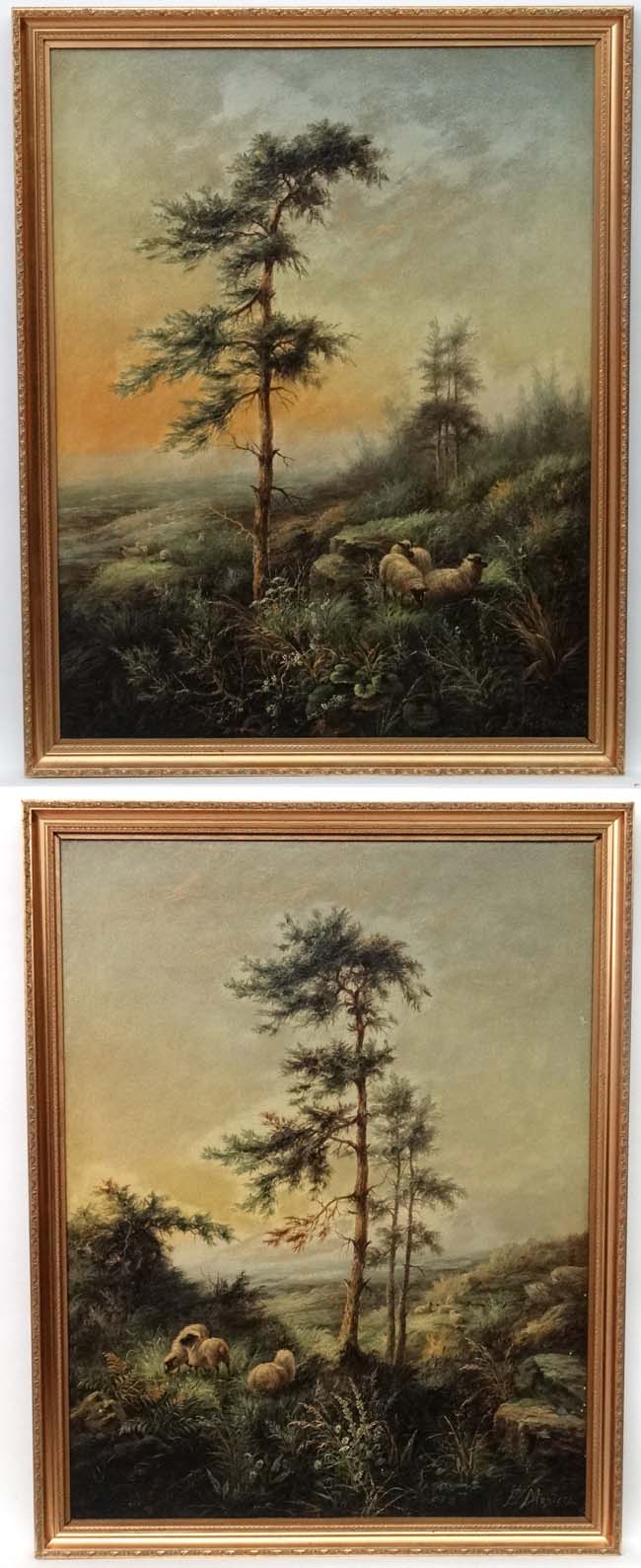 E Masters ( XIX-XX ), Oil on canvas, a pair, Sheep and a Scots Pine in a vista,