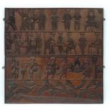 African wood carved panels, Hunters with animals and guns,