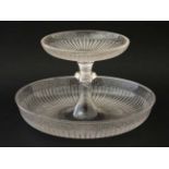 A glass 2-tier centre piece / epergne with etched greek key decoration 5 1/2" high