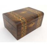 A late 19thC inlaid and banded walnut semi-domed sewing box 10 3/4" wide x 5" high x 7 3/4" deep