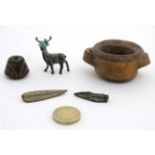 Items to include a bronze antelope, small toggle, arrow head and small two handled pot .