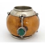 A white metal banded organic 'mate? pot' with malachite cabochon 2 3/4" high x 3" wide