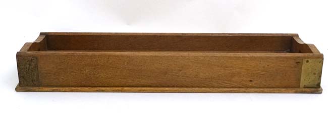 An early 20thC blonde oak desk top book trough / tray with two pierced carry handles and brass - Image 3 of 5