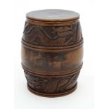 Treen : Anglo Chinese carved walnut tobacco barrel with lead liner and decorated with monogram and