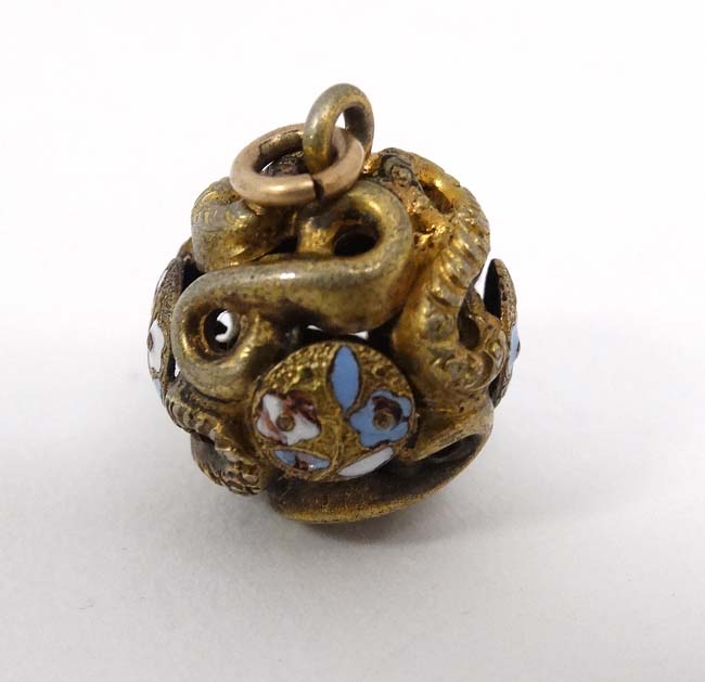 A gilt metal pendant of spherical form with enamel decoration. - Image 3 of 4