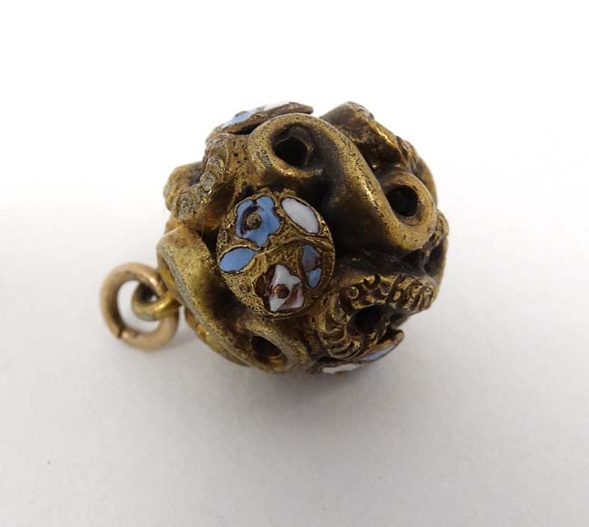 A gilt metal pendant of spherical form with enamel decoration. - Image 4 of 4