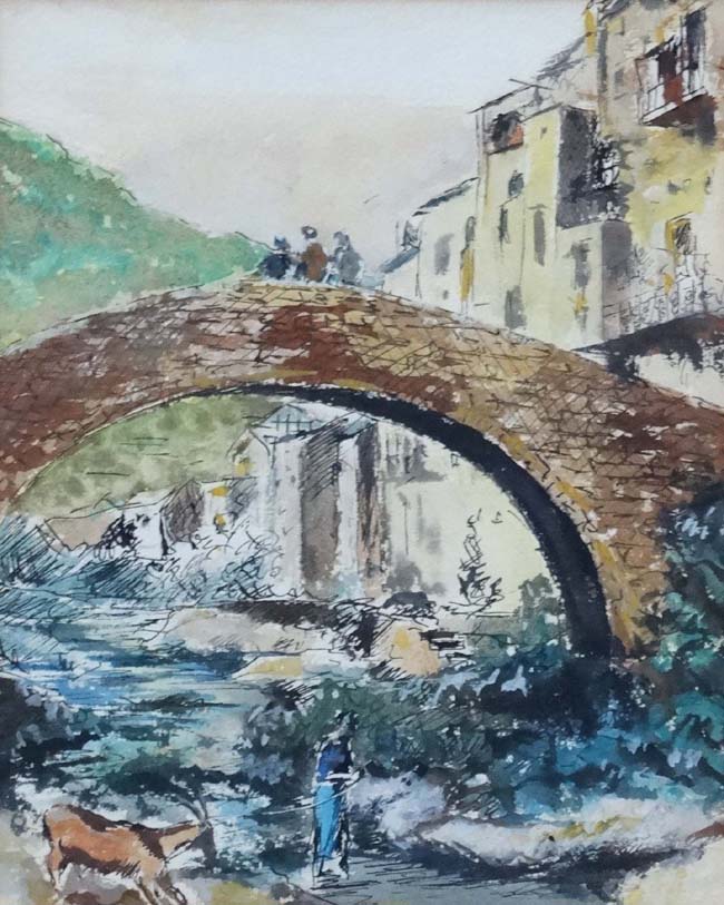 Mid XX Continental School, Pen ink and watercolour, Figures on a bridge , - Image 3 of 3
