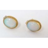 A pair of 9ct gold stud earrings set with opal cabochon with rope twist mounts.