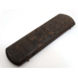 A 19thC Anglo Chinese carved hardwood brush holder with blind fret carving to the exterior approx 7