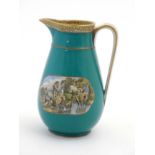 A 19thc Prattware jug decorated with lozenge shaped rural scenes,