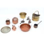 Assorted metalware to include a Victorian 2-handled copper pan marked 'Kings Coll' together with