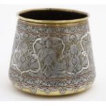 An Indian brass pot with inlaid silver and copper decoration 5 1/2" high x 7" wide