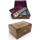 A 19thC inlaid walnut semi-domed ladies workbox with lift up tray 12" wide CONDITION: