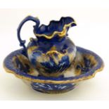 A Victoria ware Ironstone flow blue (flo-blue) style large pitcher and bowl ,