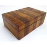 A 19thC Rosewood and satinwood banded blue paper lined jewellery box 10" wide