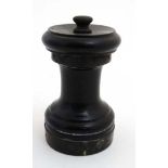 An early 20thC turned wooden pepper mill / grinder with silver mounts hallmarked Birmingham 1911