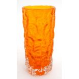 Retro glass : An orange glass bark vase of cylindrical form. Probably by Whitefriars.