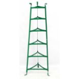 An early/mid 20thC Green painted iron 6 tiered pot stand . 49'' high.