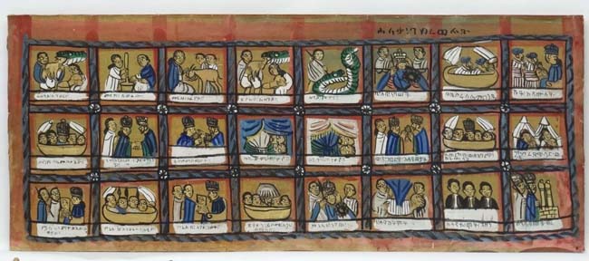 North African ? Timeline, Oil on linen, 24 panels depicting events, possibly biblical,