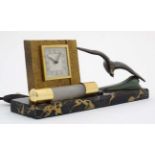 Art Deco bedside light and clock : a French marble base with swooping sea bird and wind up clock