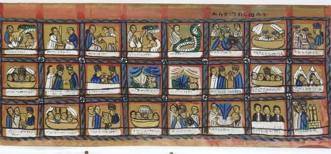 North African ? Timeline, Oil on linen, 24 panels depicting events, possibly biblical, - Image 3 of 6