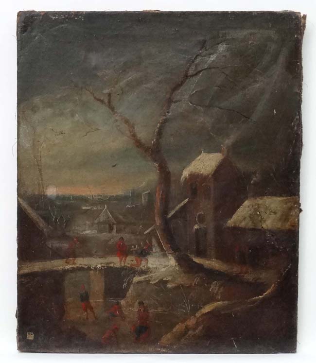 Late XVII Dutch School, Oil on canvas, Town and river scene in winter with snow and figures etc,