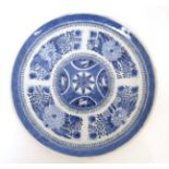 An Chinese blue and white plate decorated with panels of Chrysanthemums and other stylised flowers