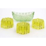 Uranium glass : A set of 3 yellow glass table salts with lobed decoration 3 1/2" wide x 2" high