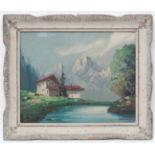 R. Gavoldi XX c. 1950, Oil on board, Tyrolean house by river, Signed lower left, 9 1/2 x 11 1/2".