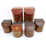 A set of shop tea tins red tole-peint with black and gold decoration with banners for 'oolong' 'B.F.