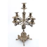A late 19thC / early 20thC silver plated 5-branch table candleabrum / candleabara.