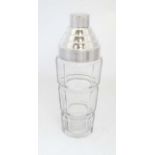 A 21stC Art Deco style glass cocktail shaker with silver plated mounts . 10 1/4'' high.