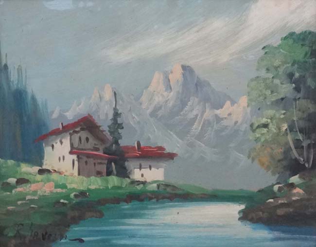 R. Gavoldi XX c. 1950, Oil on board, Tyrolean house by river, Signed lower left, 9 1/2 x 11 1/2". - Image 3 of 4