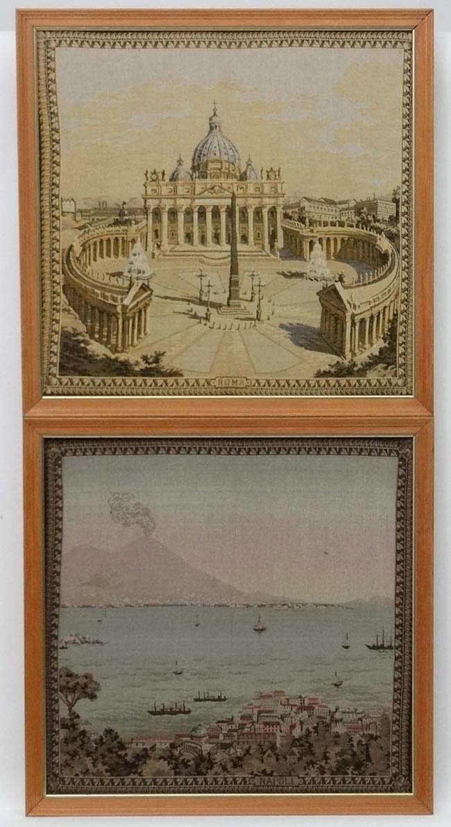 Early - mid XX needlework, Scenes in Italy , a pair, ' Roma ' St.