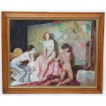 Jonathan Guiness XX, Oil on canvas laid on board, An artist studio with three naked ladies,