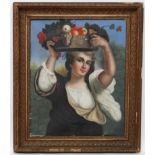 XVIII Italian School, Oil on canvas, Lady with basket of fruit aloft. 19 3/4 x 15 3/4".