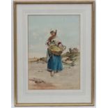 Rivadoro Ronja XIX Italian, Watercolour, Girl holding a basket , Signed lower right.