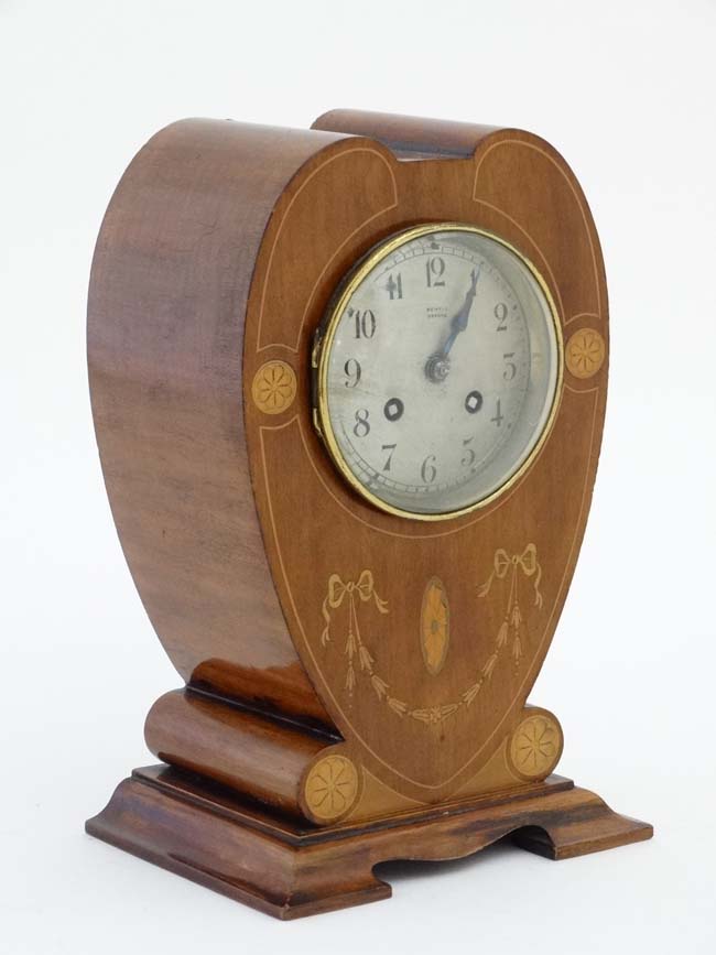 Rowell Oxford : a signed Art Nouveau shaped case inlaid mahogany mantle clock, - Image 4 of 8